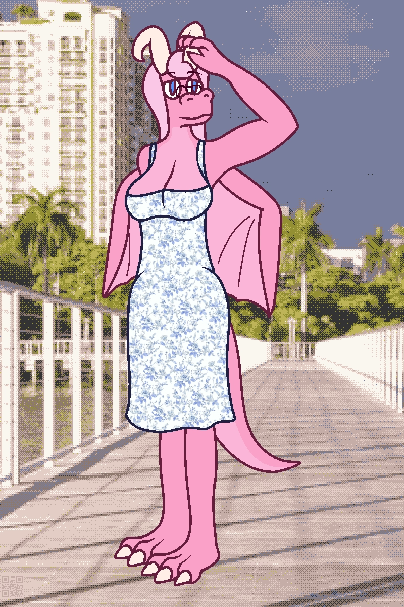 Pink anthropomorphic dragon in a blue floral print sundress on a boardwalk