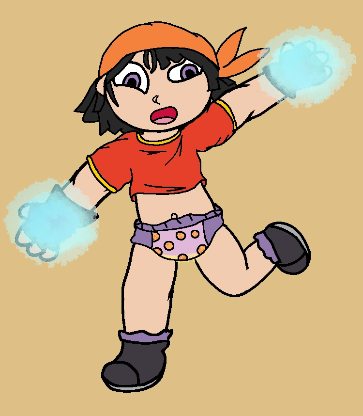 alt of the previous art: Pan from dragon ball GT two hands outstretched with Ki blasts charging up in them. her mouth is open as if yelling an attack name (or maybe even just hiya!) she looks to be in mid run. in this version she's not wearing any pants. she's wearing a dragonball pullup that is lightly wet and leaking