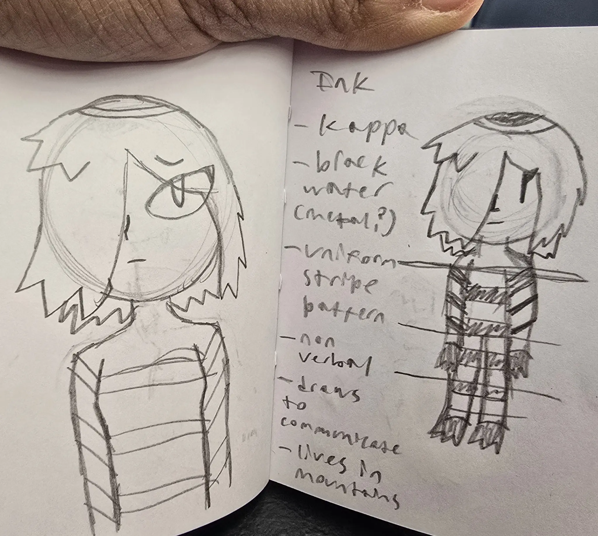 Ink
Kappa
Black water (metal?)
Uniform stripe pattern
Nom verbal
Draws to communicate 
Lives in mountains