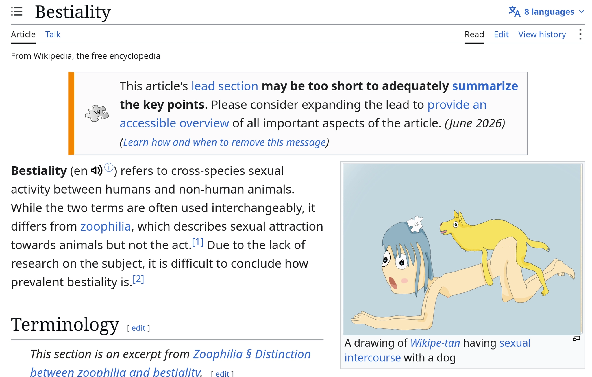 A screenshot of the wikipedia page for bestiality. the first image has been replaced by a drawing of wikipe-tan being fucked by a dog