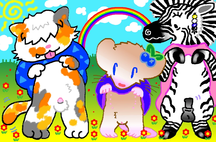 a tuxpaint drawing of an outdoor, grassy & flowering scene with clouds & sun high in the corner of the drawing. in the front, are three cubs. the first, to the left is a calico cat cub with bangs covering his eyes. he is pulling up a blue shirt and showing off his nude body underneath, which has a very small, erect cat penis. he sticks his tongue out cheekily. to the right of him, is a smaller, tan mouse loli-cub doing the same thing, pulling up her purple shirt, exposing her small mouse nipples & vulva. she also wears a blueberry accessory on her ear. finally, to the right of her is a zebra cub. they pull up a long, pink dress that shows their nude striped body. their penis is growing as they stare at their mouse friend next to them. they have a bashful, blushing expression & wear a nonbinary flag themed bead in a braid. behind them all is a huge rainbow.