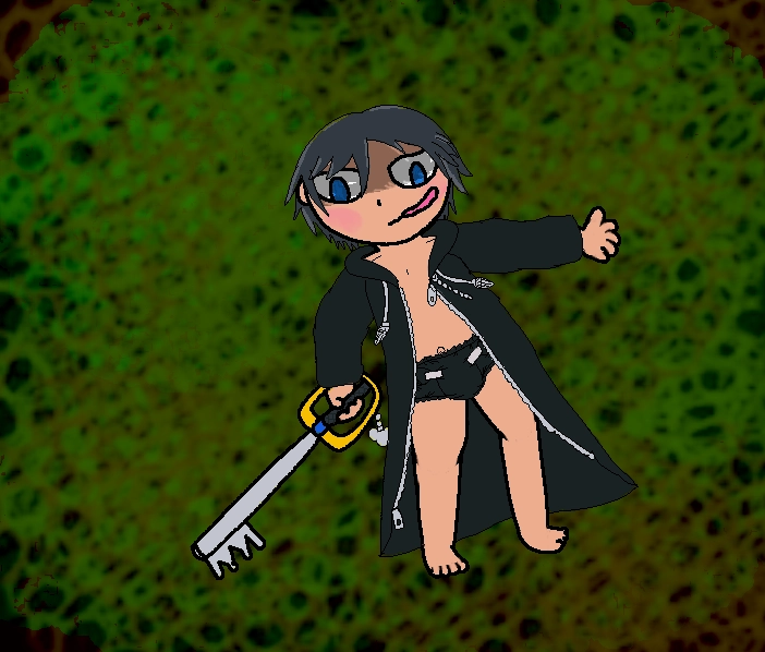 Xion from kingdom hearts in an open organization 13 jacket,holding a keyblade and blushing with a visible diaper
