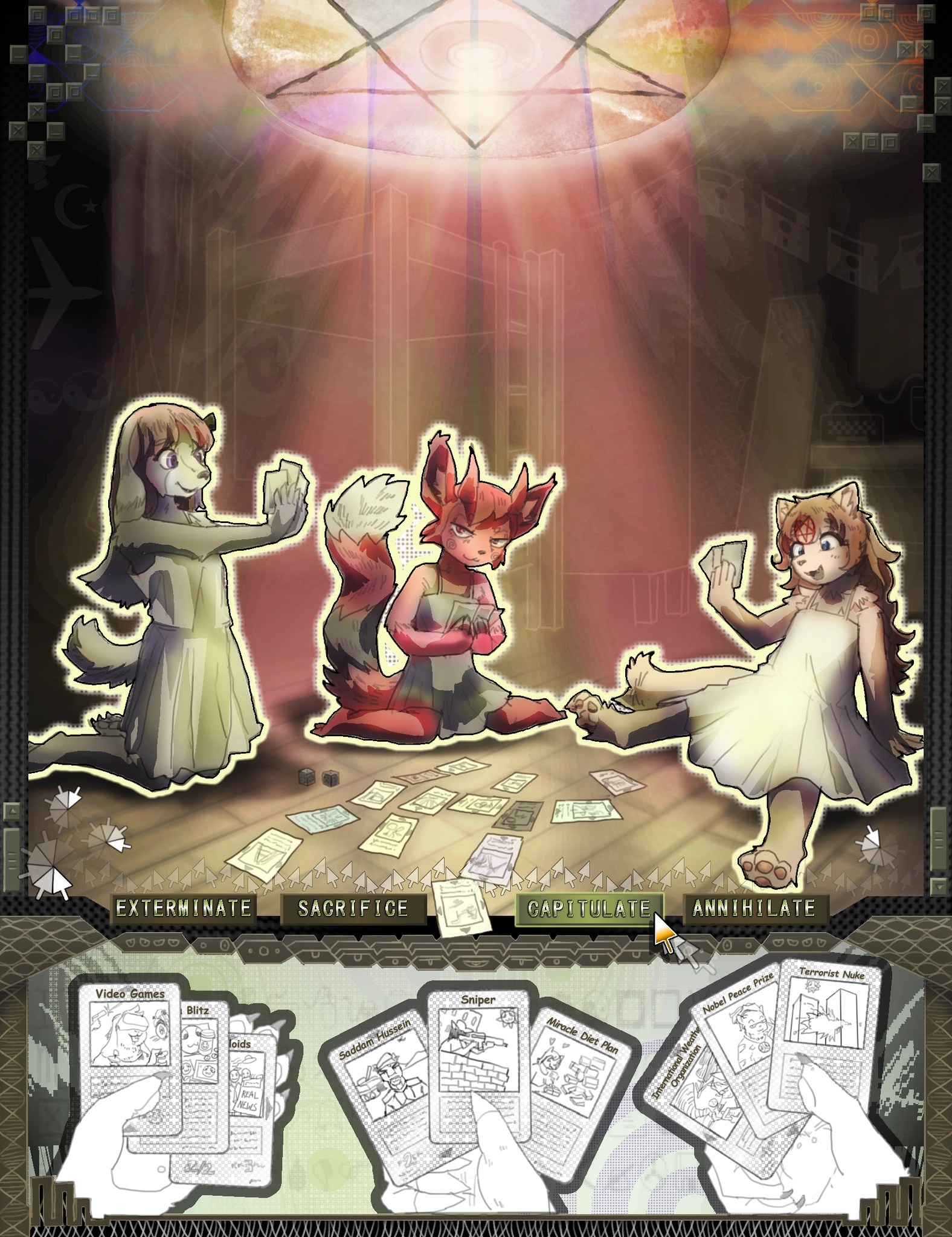 Three underage furries playing the card game Illuminati.