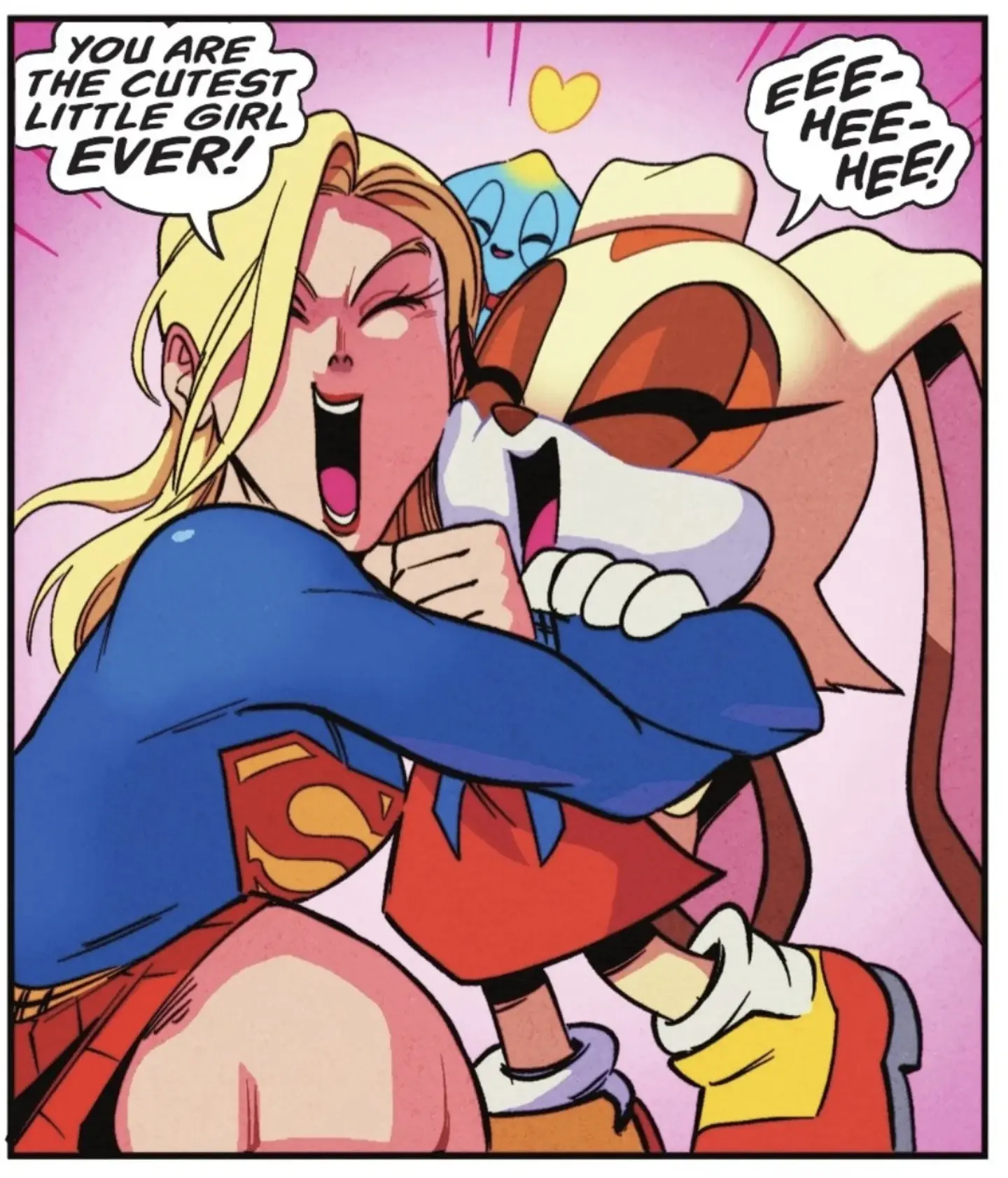 Supergirl excitedly hugging Cream the Rabbit, exclaiming “YOU ARE THE CUTEST GIRL EVER!” 

Cream is so happy and goes “EEE-HEE-HEE!”

Her chao Cheese is happy in the back too, and the background is pink.