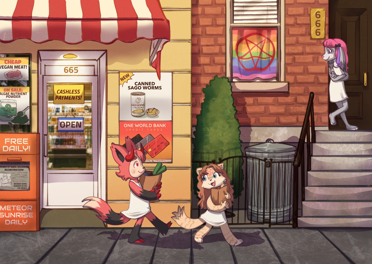 Three underage furries walking from the store directly to their apartment next door, because they live in a "15 minute city" where stores and homes are right next to each other.