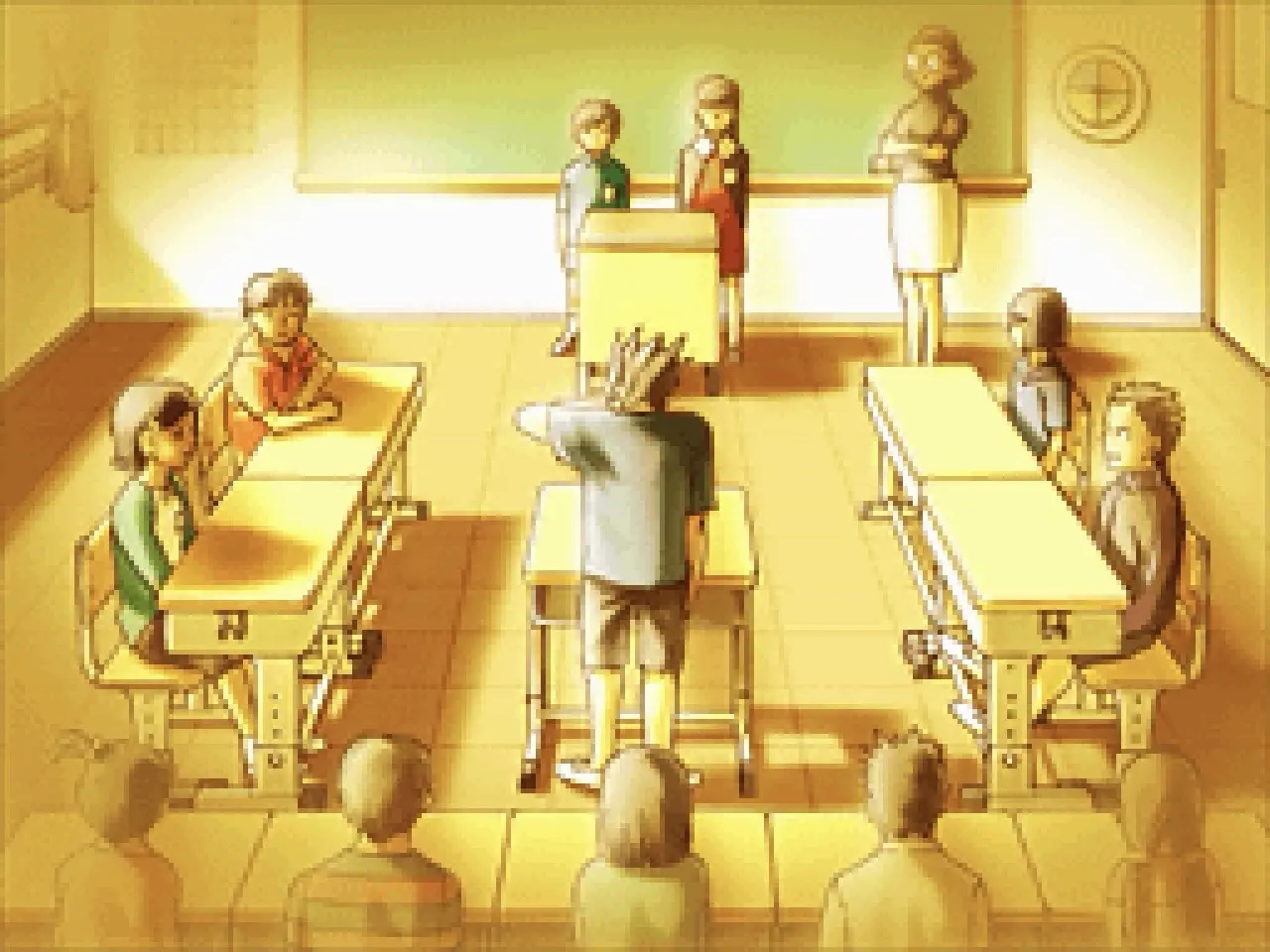 Phoenix Wright standing in front of his class at a defendant podium for trial for ostensibly stealing lunch money