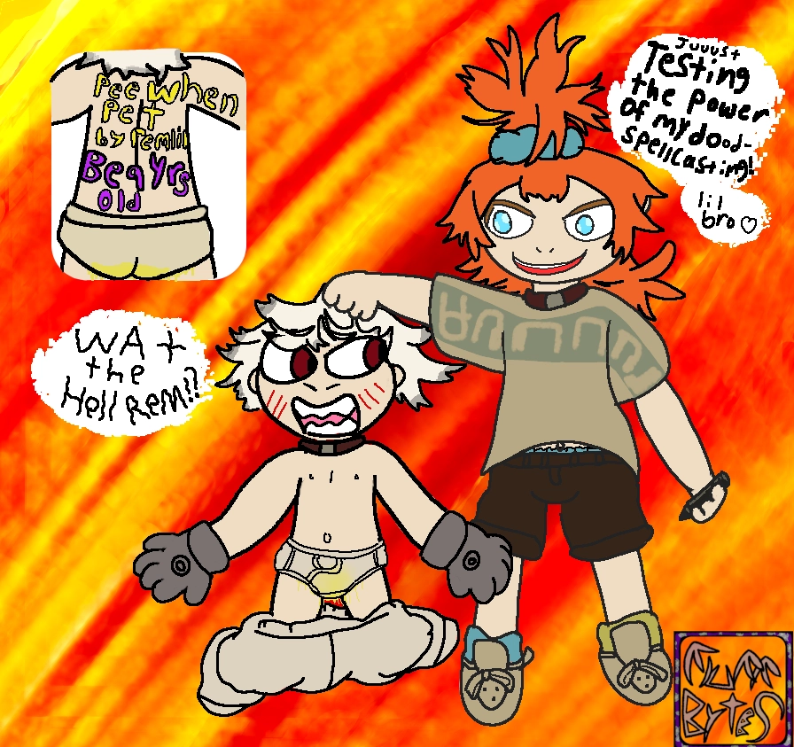 Remlin the Enby kid and and age regressed Rudo (both characters from the anime/manga Gachiakuta). Remlin and redheaded kid is petting rudo who's on his knees. his clothes, too big for him now are in a heap under him. Rudo is screaming "what the hell Rem!?" Remlin is responding "juuust testing the power of my dood- spellcasting"
there is another text bubble, smaller underneath Remlin's first: "..lil bro"
remlin's shirt is riding up just enough to see their belly button as well as the blue trim of something..perhaps a diaper.

a shot showing Rudo's back is in the corner of the image showing Remlin wrote "be 9 years old" as well as "pee when Remlin pets you"