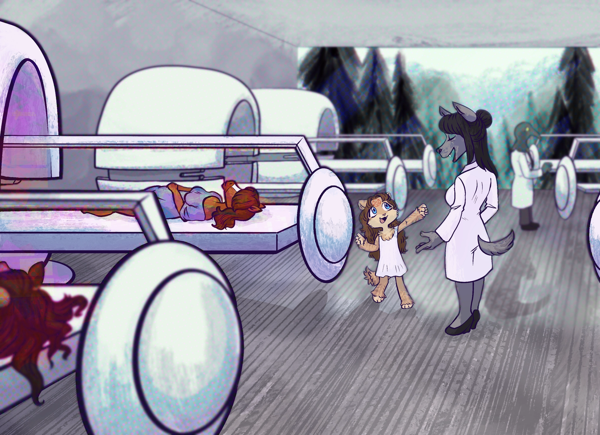 Furry being shown and taught about medbeds.