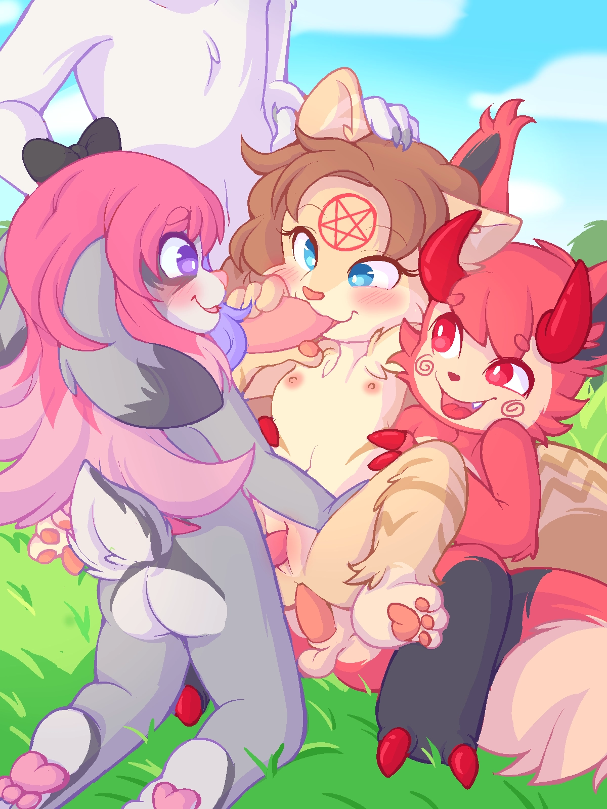 An underage furry is being consensually triple penetrated by 2 other underage furries and an adult furry.