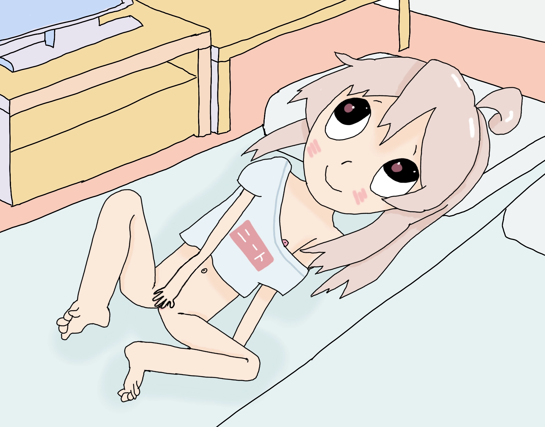 mahiro lying down on her futon, looking upwards. her Neet shirt has slipped down a little to reveal a nipple. she isn't wearing any pants and is touching her cunny, her legs are angled and lifted up a bit