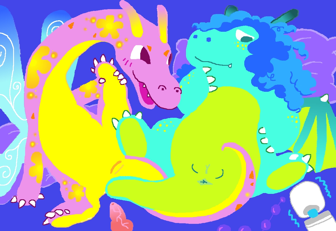 two brightly colored dragons rest slightly against purple pillows. the first one to the right, is a pink dragon girl cub with a yellow belly, horns, and hibiscus patterns and freckles all over her body. she has light blue dragonfly wings. she is holding a leg up and looking at her friend, who is to the right of her and is a teal dragon cub with blue curly hair and dark teal horns, and a yellow/green belly and feet. they have a bit of a shy expression, with one claw to their chin, and looking down at the array of toys on the bed. the toys consist of a knotted dildo, purple anal beads, and a hitachi massager.
