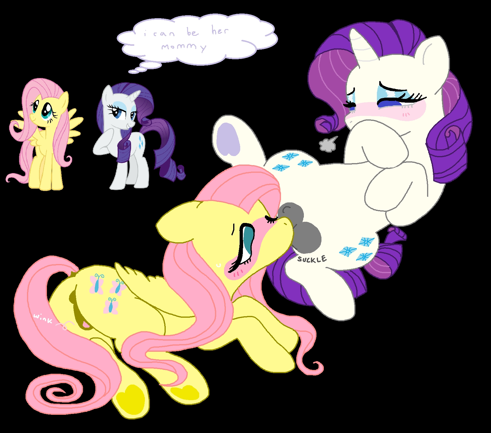 an mspaint drawing with a black background.

in the foreground, lays a seductive white unicorn (rarity) with an elegantly curled purple mane & tail laying on her back with spread legs. she holds a hoof over her mouth as if she is attempting to bite back a moan. between her legs is a pale yellow pegasus (fluttershy) with a flowing pink tail & mane suckling on the unicorn's gray teats full of milk. she is laying on her belly, with her flank raised, showcasing her equine pussy winking. she is abashed, with a big, pink blush running across her face.