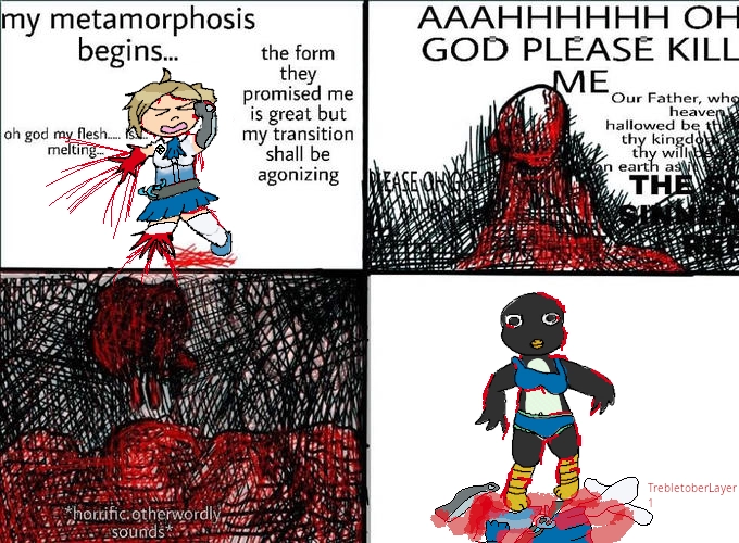 the My Metamorphosis Begins meme but from a microsoft idol girl to a wierd scrungly linux penguin cub anthro?
