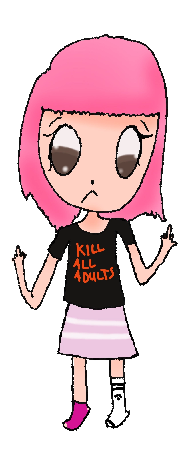 girl with pink hair holding two middle fingers up. she's wearing a black shirt that says kill all adults

she's wearing a pink and white skirt and mismatching socks