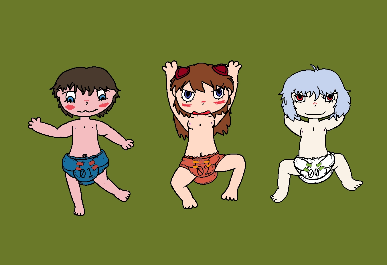 Shinji, Rei and , Asuka from Evangelion but Treble (lolisho). layed out on the floor in diapers themed after the giant robots that they pilot. they are all blushing, although Rei is blushing the least, and actually looks pretty smug. the other two are experiencing very big feelings!