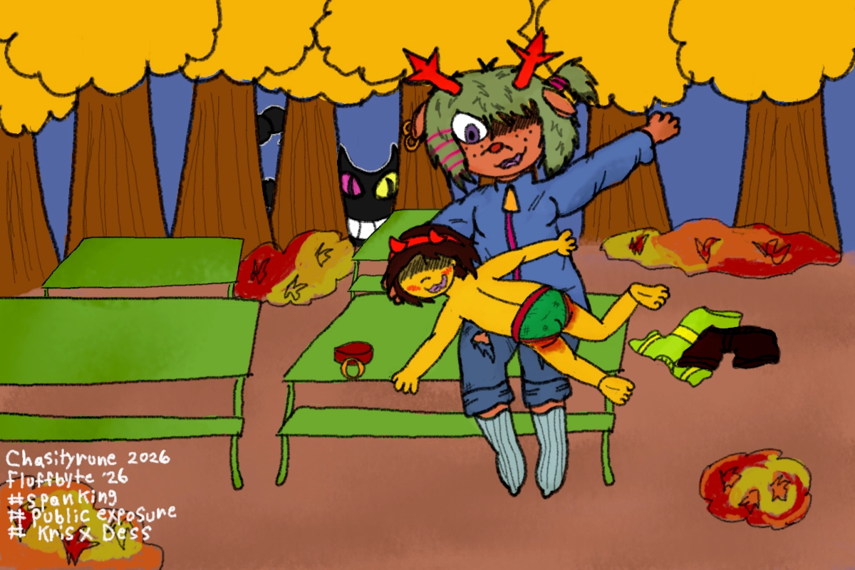 Dess holiday giving a young Kris a spanking in the park of hometown while sitting on the benches. a...friend is watching from the treeline. woke lolicon unite