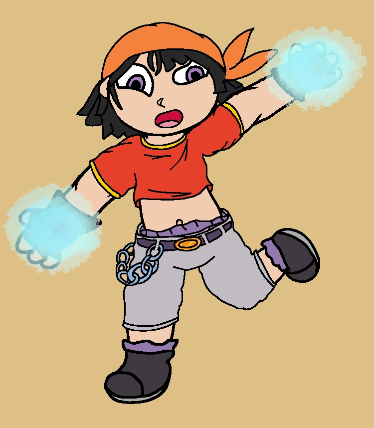 Pan from dragon ball GT two hands outstretched with Ki blasts charging up in them. her mouth is open as if yelling an attack name (or maybe even just hiya!) she looks to be in mid run.