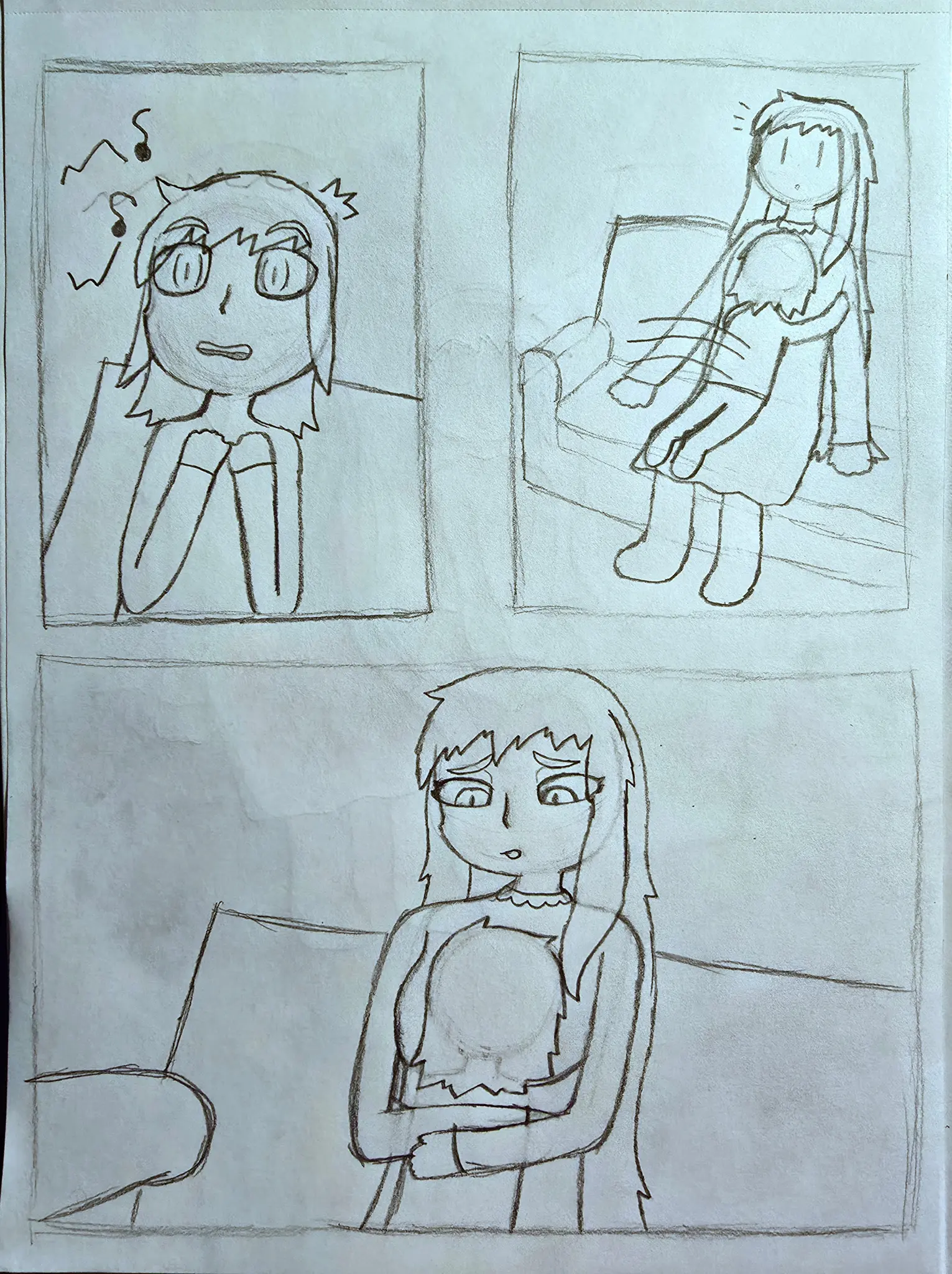 Panel 1: Seliph gets scared of something on tv. Panel 2: He jumps into Deirdre's lap. Panel 3: She hugs him and he hugs back.