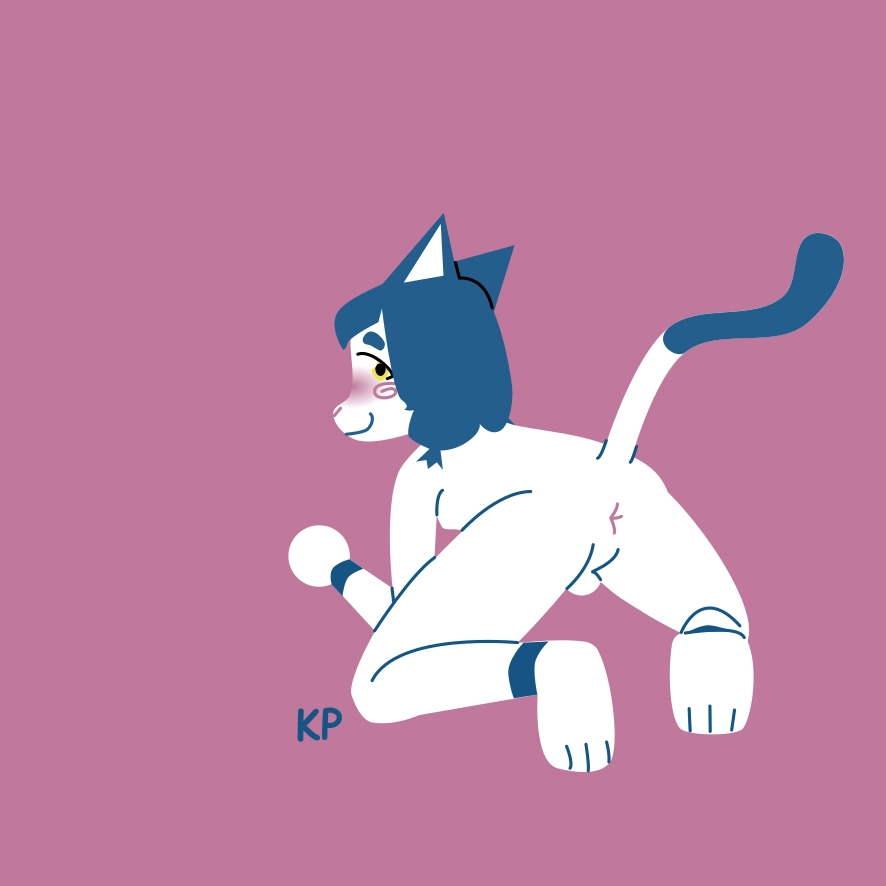 blue and white kitten on her hands and knees showing off her butthole
