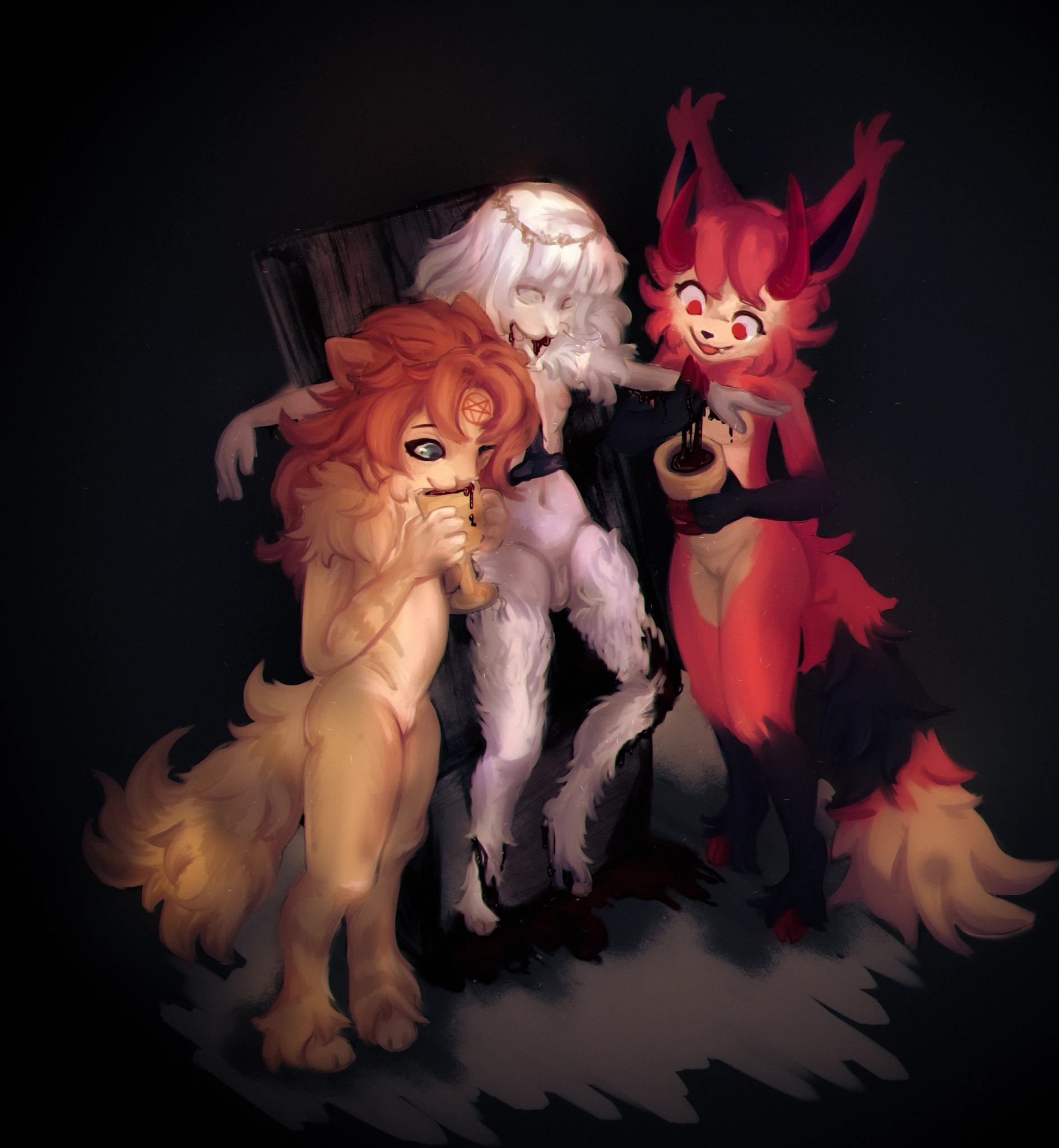 Two underage furries drinking blood from a dead underage furry.