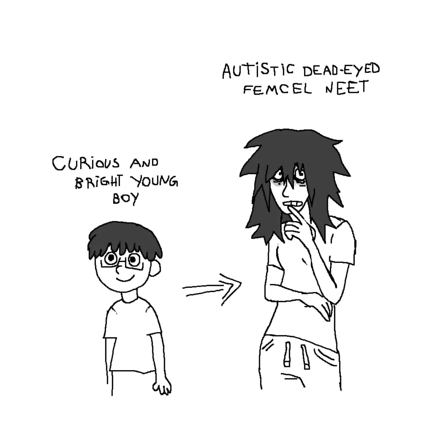 Curious and bright young boy → Autistic dead-eyed female neet