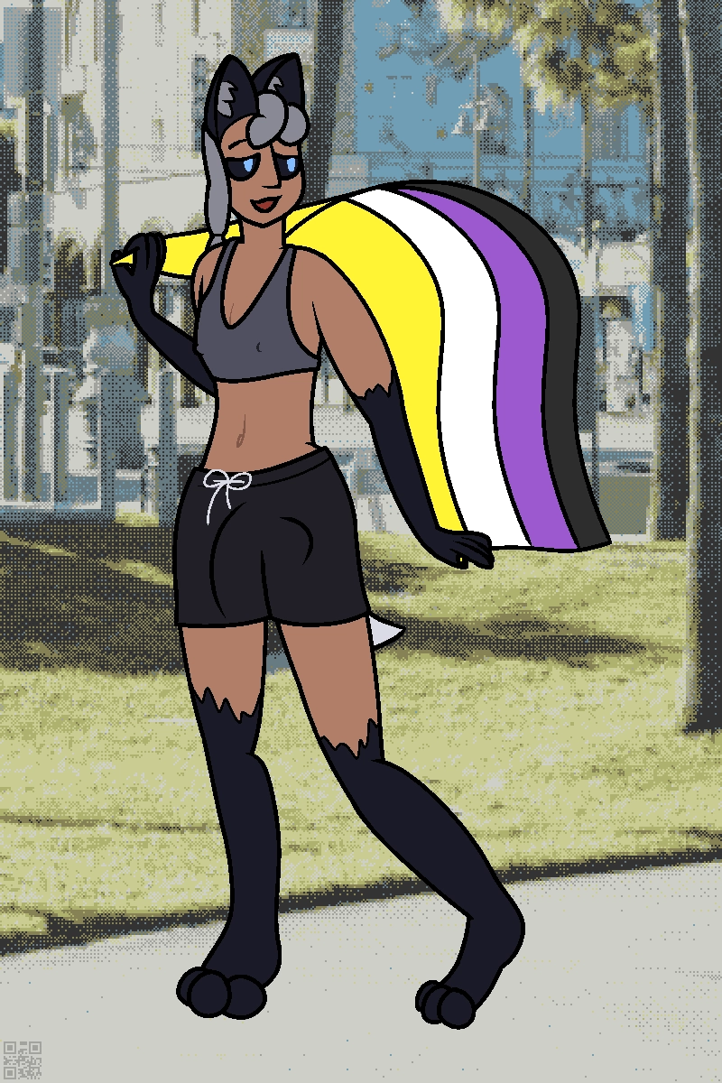 fox-person carrying a nonbinary pride flag, wearing a sporty bikini top over their quite flat chest, and swim trunks with a notably large bulge.