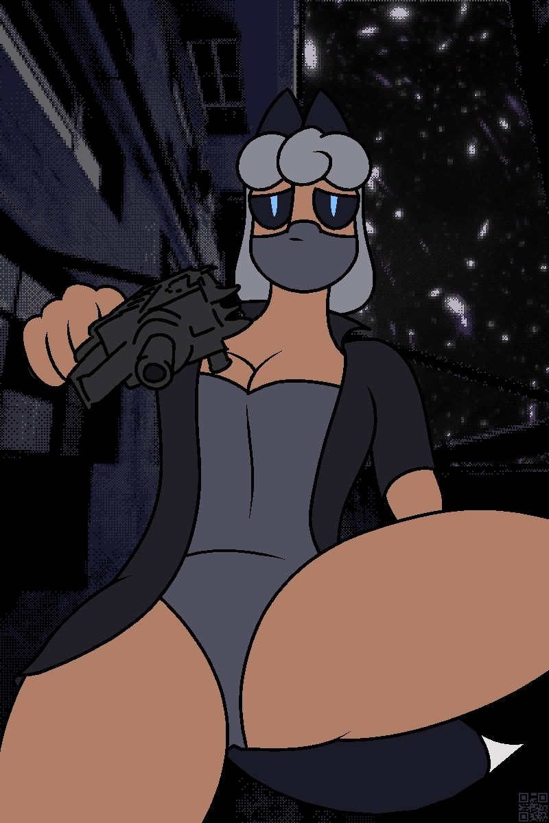 masked foxgirl wearing a spandex bodysuit and long jacket kneels over you and points a gun to your head