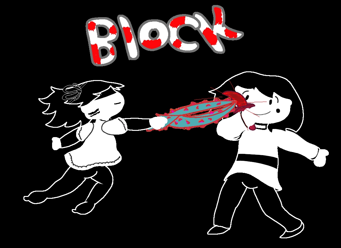 chara from undertale blocking an attack from Risk, a headmate of the fluffbyte entertainment system, that shares a striking resemblance to Kris from Deltrarune. Chara is using a red curved knife to block and Risk is thrusting with a forward attack with a short thorn sword. text saying block is above their heads. the style of the art is monochromatic aside from the color of the weapons and is styled very much like the battle sprites in undertale. although this art is fan art of the fan work undertale no more deals specifically