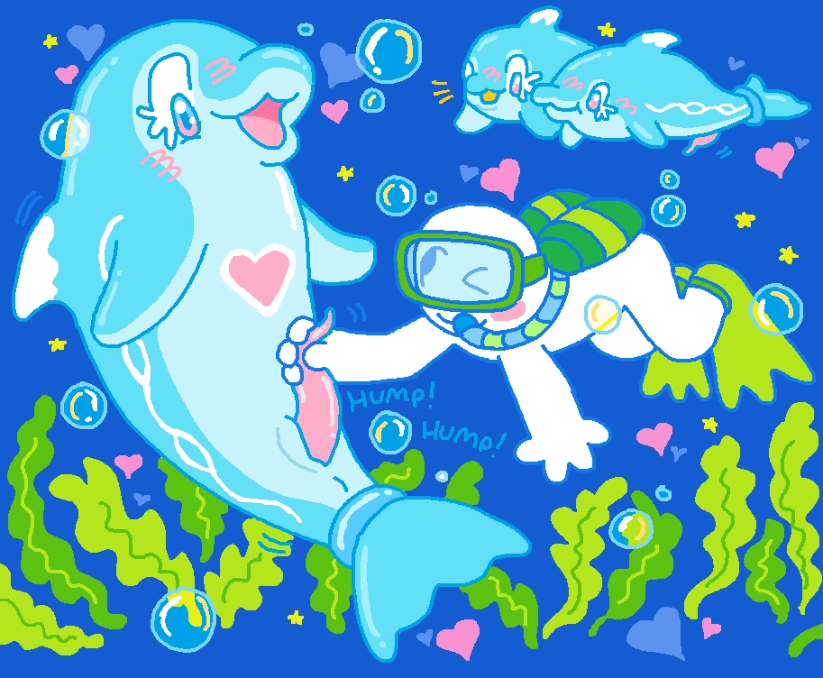 a mspaint drawing of a palafin (the dolphin form, not the hero form) being given a handjob to a scuba-diving circlehead wearing fins, goggles, and scuba-diving equipment. the palafin has a very excited expression with an open mouth and is humping into the hand of the scuba-diver. in the distance, are two finizens, watching and smiling. one is visibly excited, with their penis poking out a bit. there is seaweed, hearts, and bubbles all around everyone.