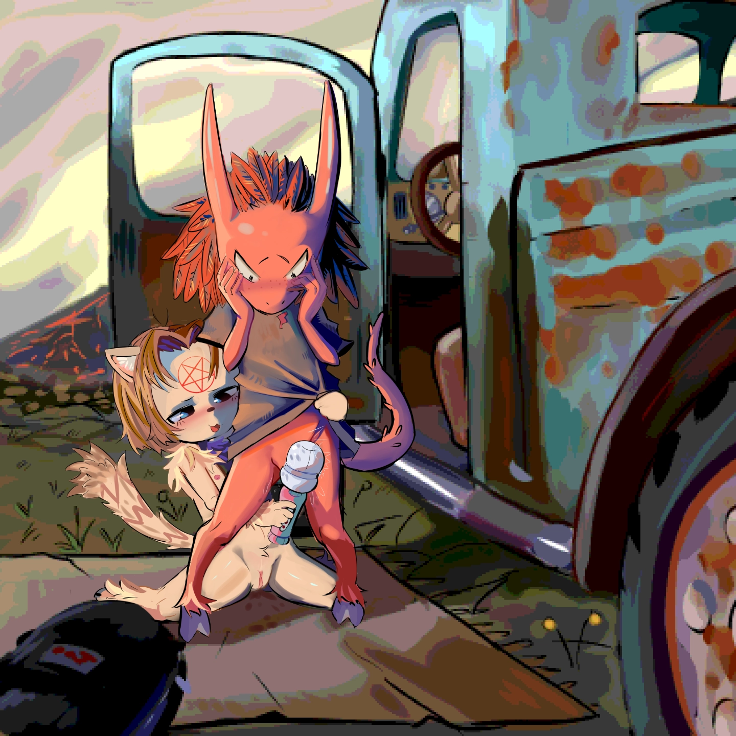 Underage furry is pleasuring an underage demon.