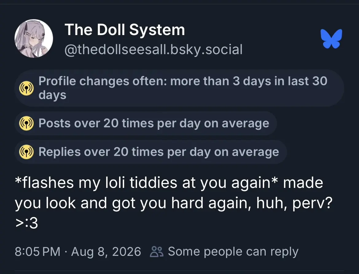 @thedollseesall.bsky.social 
*flashes my loli tiddies at you again* made you look and got you hard again, huh, perv?
>:3