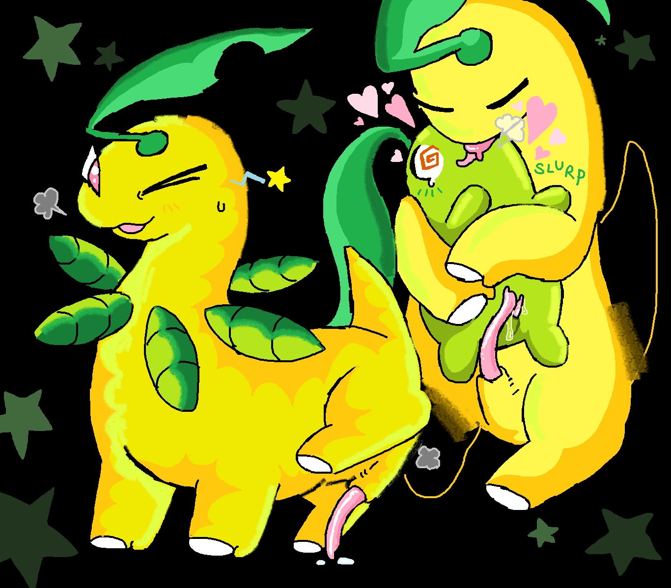 an mspaint drawing.

it features a full-body bayleef to the left, giving a wink while they lift a leg to expose their long, slender, pink penis. to the right of that, is the same bayleef, holding a chikorita in its arms, while giving it a close-eyed wet kiss. The chikorita below them has a dazzled, surprised expression with swirly eyes. the bayleef's penis is rubbing on the chikorita's which is much smaller. the background is entirely black, with dark green stars all around.