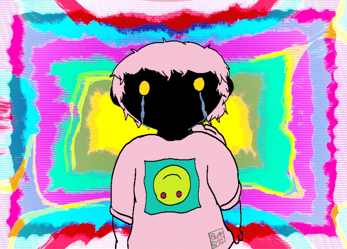 A boy shaped phantom with pink hair and a pink hoodie,with glowing yellow eyes crying bloodytears. the background is a blanket of Psychedelic imagery. crt version