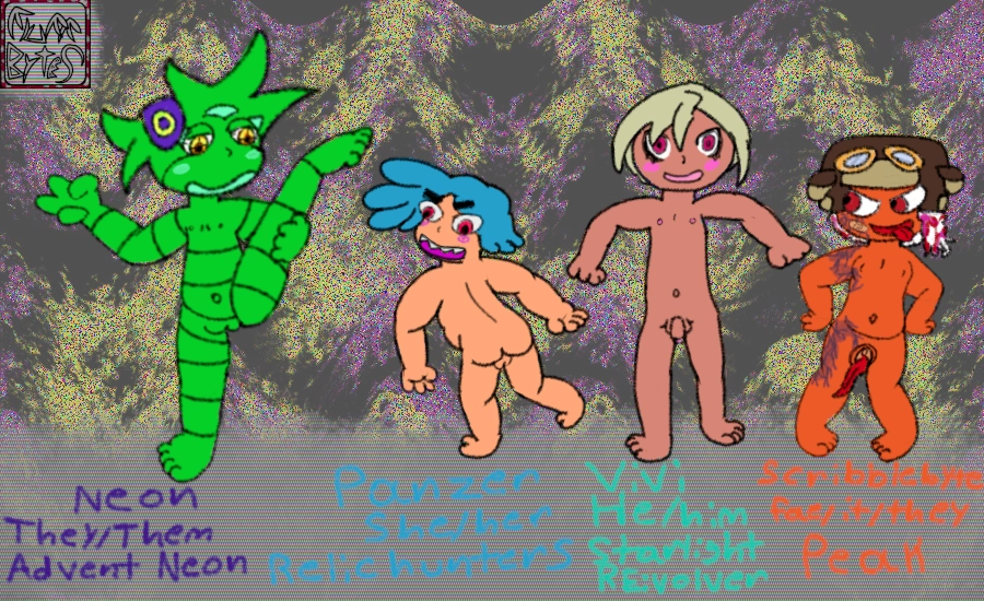 A take your pick style line up of character's from video games we played in 2025. All of them are nude From Right to left a self insert version of a camper from Peak, an antro orange kid. next is Vivi from Starlight revlover. next to him is Panzer from Relic hunters, and last is Neon from Advent Neon. the characters all have their name,game and pronouns displayed under them. Neon They/then. Panzer She/her. Vivi he/him. And Scribblebyte (me/my sona) Fae/it/they.
the four are in various exaggerated poses. Scribble is smug and sports a vagina dentada with its tongue hanging out; hands on hips. fae is wearing an aviator hat and a camp scout sash. Vivi is smiling but obviously embarrassed; arms out and to the sides and making no effort to hide his peen. Panzer has her butt to the viewer, and is blushing with mouth open. she might be looking at her own butt or at Neon next to her. its hard to tell if we are seeing her cunny from behind or a nutsack. Neon has Their leg up and is holding it in a pose showing off their flexibility; standing on one leg with the other straight up in the air and the other hand holding up a peace sign. They have a flat chest and a cunt. this is the nude alt of the first picture