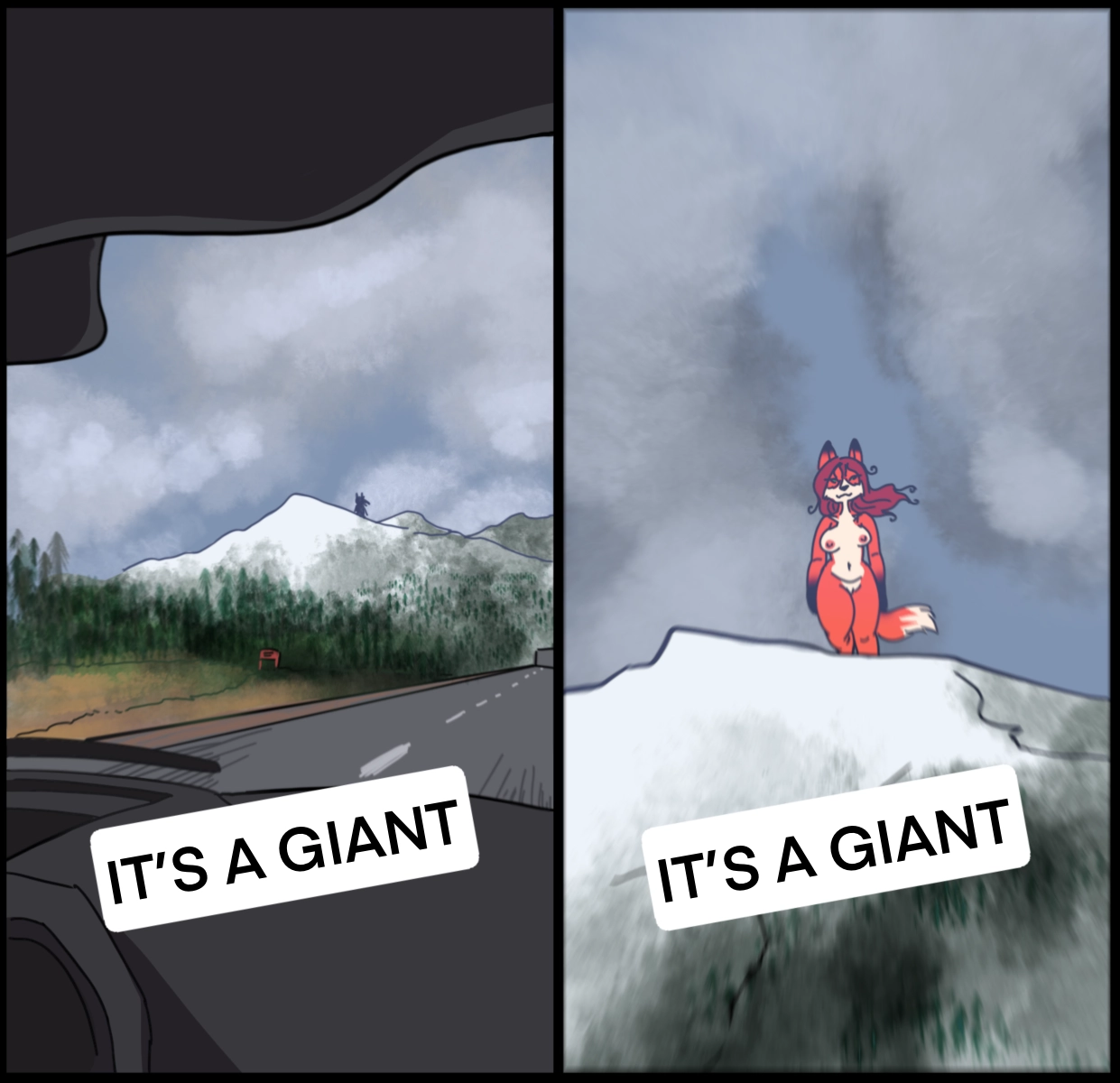 Redrawn "It's a Giant" meme, with a nephilim furry standing on a mountain.