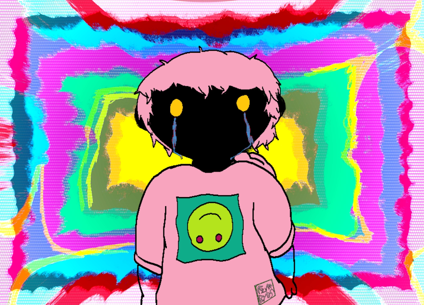 A boy shaped phantom with pink hair and a pink hoodie,with glowing yellow eyes crying bloodytears. the background is a blanket of Psychedelic imagery.