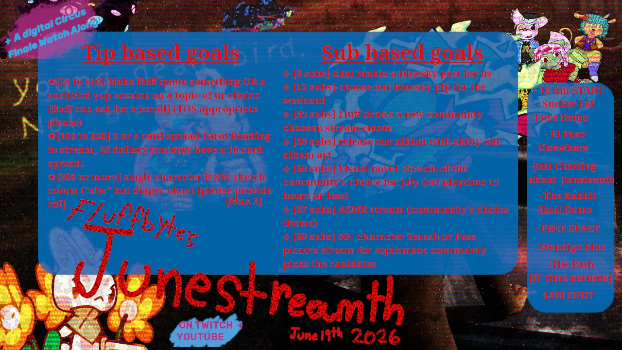image of the tip and sub goal rewards for the stream, its overlayed the poster advertising the stream with images of the games and our sonas.

the tip based goals are
-3$ to $10] Make fluff quote something OR a solicited yap session on a topic of ur choice fluff can ask for a reroll (TOS appropriate please)
-[10$ to $20] 3 or 4 card spread Tarot Reading in stream, 20 dollars you may have a 10 card spread.
-[30$ or more] single character B &W sketch comm ("sfw" but diaper okay) [please provide ref] max 3
the twitchsub goals are:
-6 subs chat makes a bluesky post for us
-12 subs choose our bluesky pfp for the weekend
-35 subs Fluff draws a new community chosen stream emote 
-50 subs release our album with shitty old album art
-60 subs Visual novel  stream of the community's choice for july (est playtime 15 hours or less)
-67 sub  ASMR stream (community's choice theme)
-80 subs 50+ character Smash or Pass picatro stream for September, community picks the candidates


on the side is the itinerary for the stream in a loose order with only times for the beginning and end
-10 Am START
- Sucker For  Love Demo
- El Paso Elsewhere
-Just Chatting about Juneteenth
-The Rabbit Haul Demo
- FREE SPACE
-Wendigo Blue
-The Path (if time permits)
-4AM End?

there is also a little splash text in the corner mentioning the digital circus finale watch along as well as one that reads "on youtube and twitch"