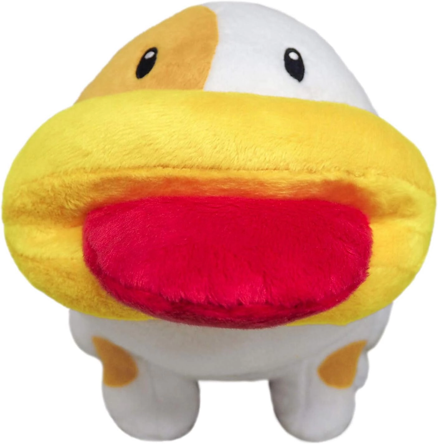 a plush toy of Poochy from the Yoshi series as seen head-on, he has a neutral face with his large tongue sticking out