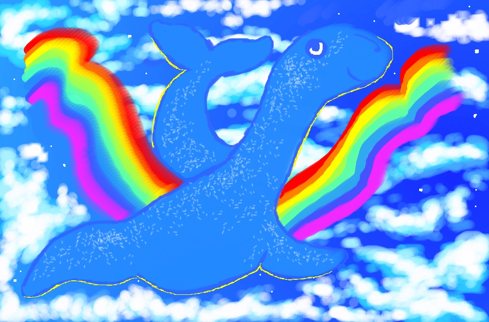 a scene in the sky.
there are many, white, fluffy clouds all around. a blue dinosaur-like creature with a long neck and fins and a long finned tail is flying in the air, with rainbow beams as wings. it looks at the viewer with a calm expression. the dinosaur-like creature is also speckled with white dots all over.