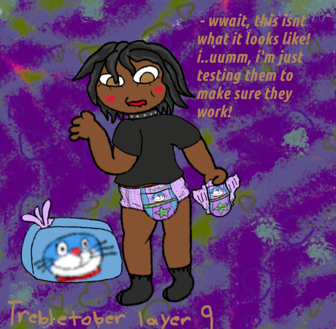 Rue ,the black loli from angel chain, pantsless in a Doraemon pullup, but also holding one, looking back at the viewer (likely her sister) with blushing cheeks saying "wwait,this isnt what it looks like! i...umm,i'm just testing them to make sure they work!"