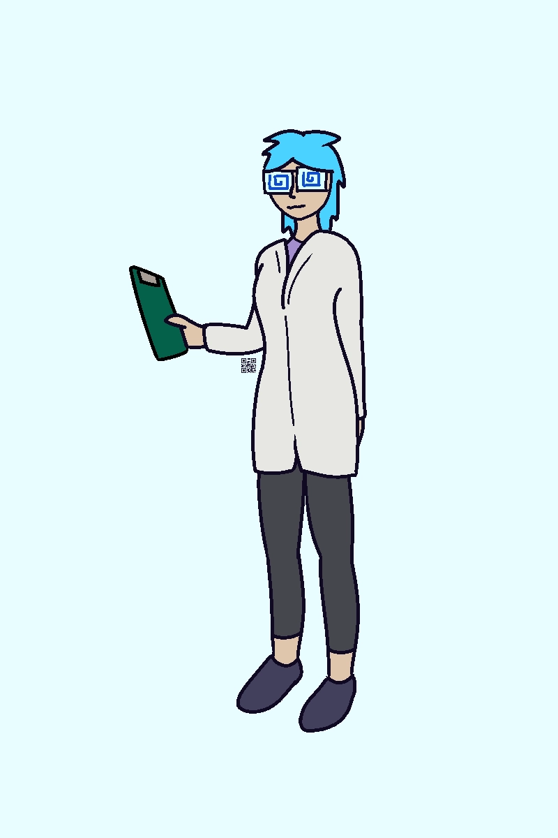 Human girl with blue hair wearing a lab coat. Her glasses have little spiral-eyes. She's holding a clipboard.