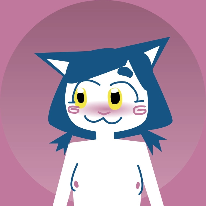 blue and white kitten from the chest up. she's blushing and looking away shyly and her barely budding breasts are out, cute pink nipples on display