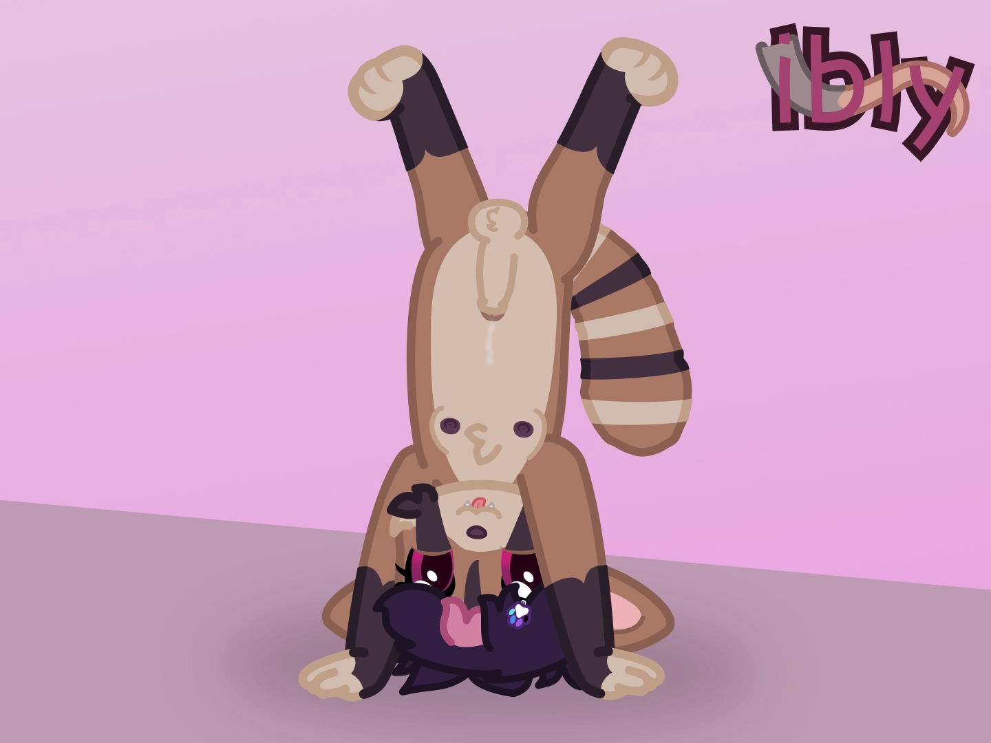 a silly little raccoon does a handstand, she does a lil blep and is upside down. her small boobs are out, and her leaky cock is also out, since she is naked 
