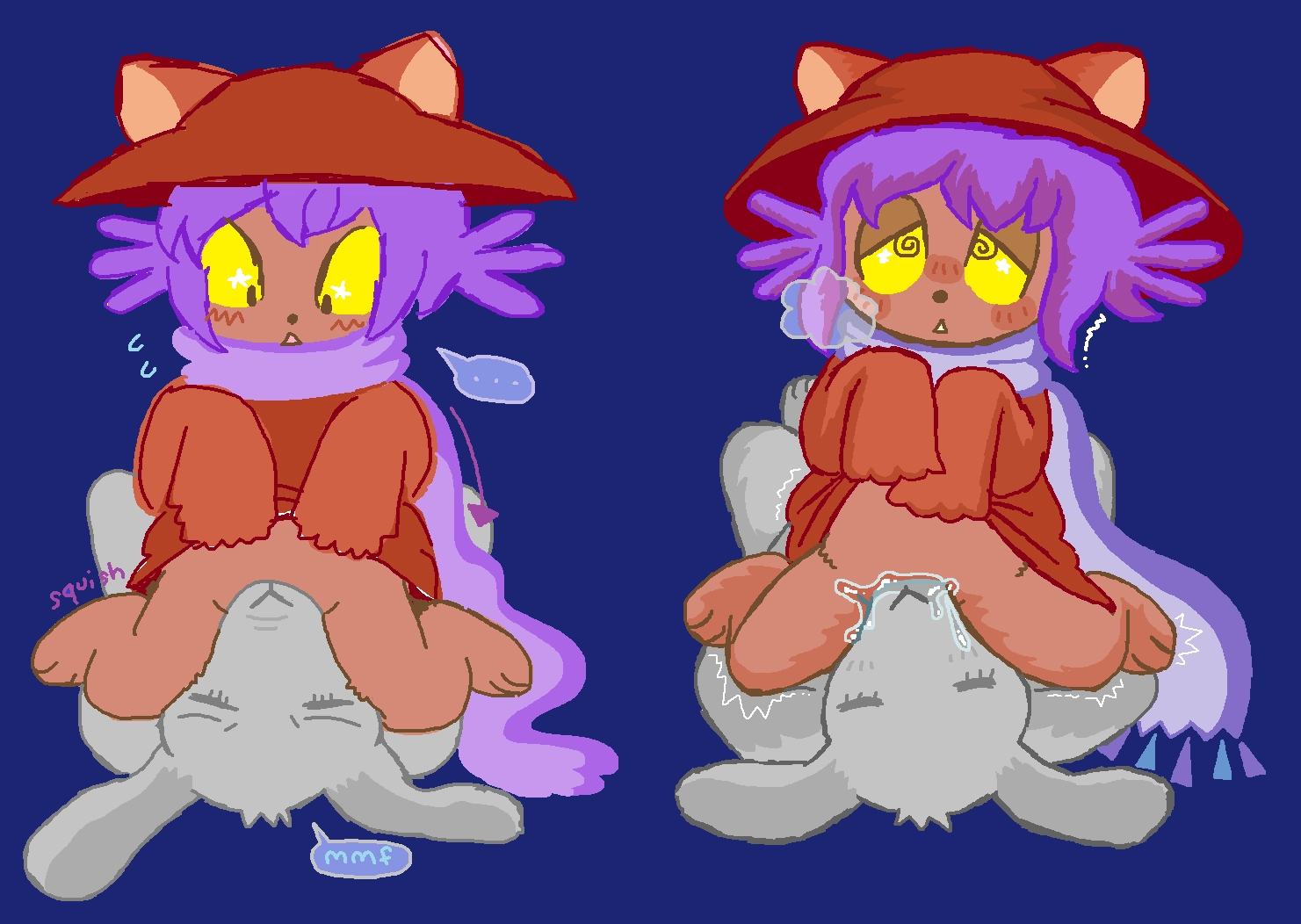 niko from oneshot sitting on an anonymous rabbit anthro.

niko is a feline-like cub with medium brown skin, a maroon hat with orange ears, purple hair with thick whiskers, yellow eyes with brown pupils, a long purple scarf, and an orange-red robe they are pulling up to their belly.

to the left, niko is settling themself onto the anon's face, with a slightly bashful expression. the anon underneath them says "mmf" 

to the right, niko now has spiral eyes and is looking upwards with a pleased expression. they are sighing, and shaking, while the anon beneath has a very wet nose & mouth, covered in niko's slick.